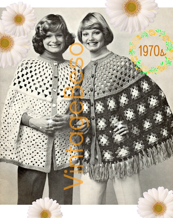 2 EASY Beginner Capes + Basics Crochet Guide • 1970s Pattern • Granny Squares • Feminine Button Up Capes w Arm Slits • Watermarked PDF Only