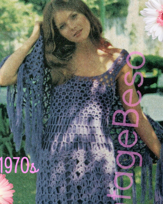 Boho Summer Dress and Shawl • 1970s Vintage Crochet Pattern Bikini Beach Coverup Sexy Vixen BOTH EASY to do • Watermarked PDF Only