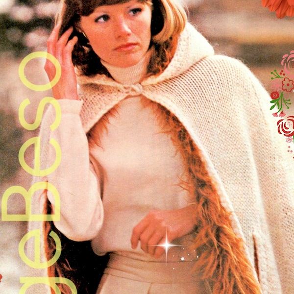 Hooded Cape KNITTING Pattern • Big FAKE Fur Hooded Cape Knitting Pattern • Watermarked PDF Only • Vintage Knitting Pattern • Hooded Cloak