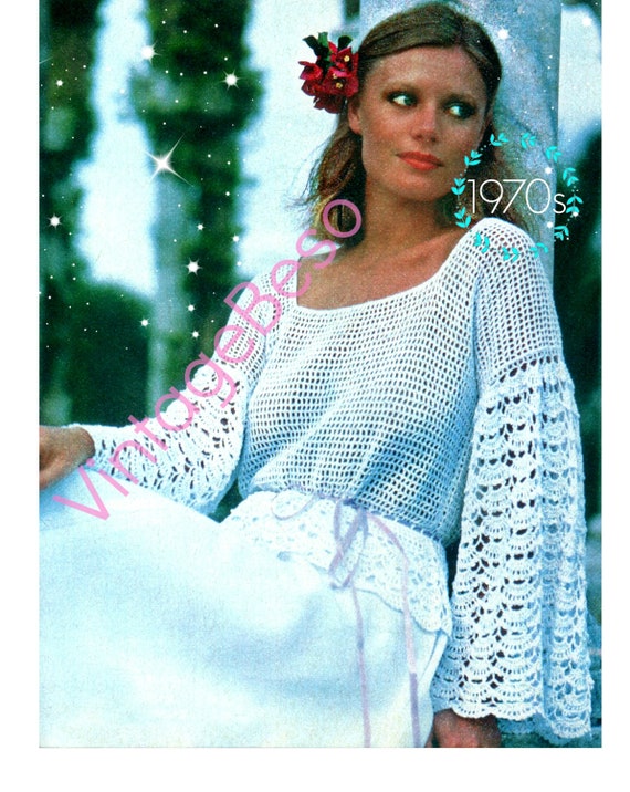 Top Crochet Pattern •  Romantic 1970s Lacy Sleeved Top Crochet Pattern • Boho Clothing • Summer Sleeve Lace • Watermarked PDF Only