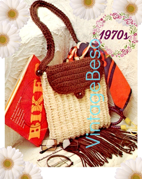 2 EASY BagS Crochet Pattern • 1970s Vintage Bag • Fringed Purse w Flap • Handbag • PDF • Retro Fun Free Tote • Watermarked PDF Only