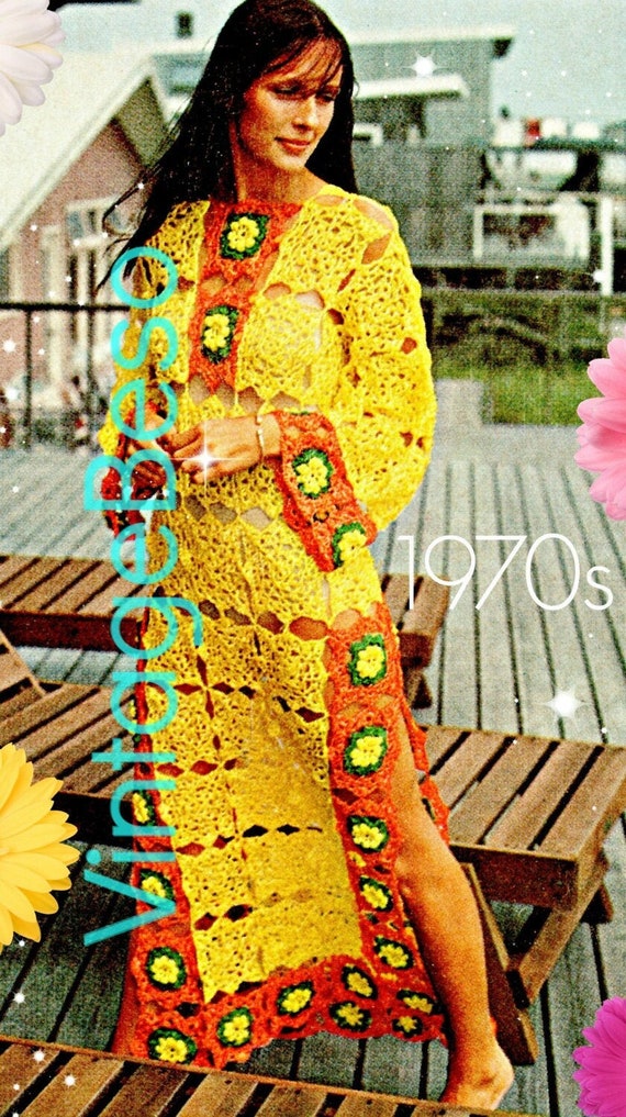 Sexy Maxi Dress Crochet PATTERN Vintage • Peekaboo Long Sleeve • 1970s Boho See Through Caftan CoverUp Bikini Dress • Watermarked PDF Only
