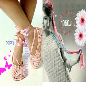 Ballet Slippers Vintage CROCHET PATTERN 1970s Retro Shoes Crochet Pattern Summer Dancing + free fun braid • Watermarked PDF Only