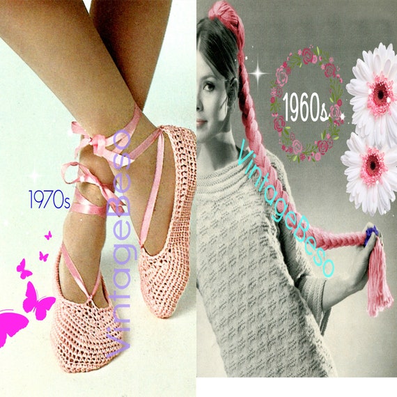 Ballet Slippers Vintage CROCHET PATTERN 1970s Retro Shoes Crochet Pattern Summer Dancing + free fun braid • Watermarked PDF Only