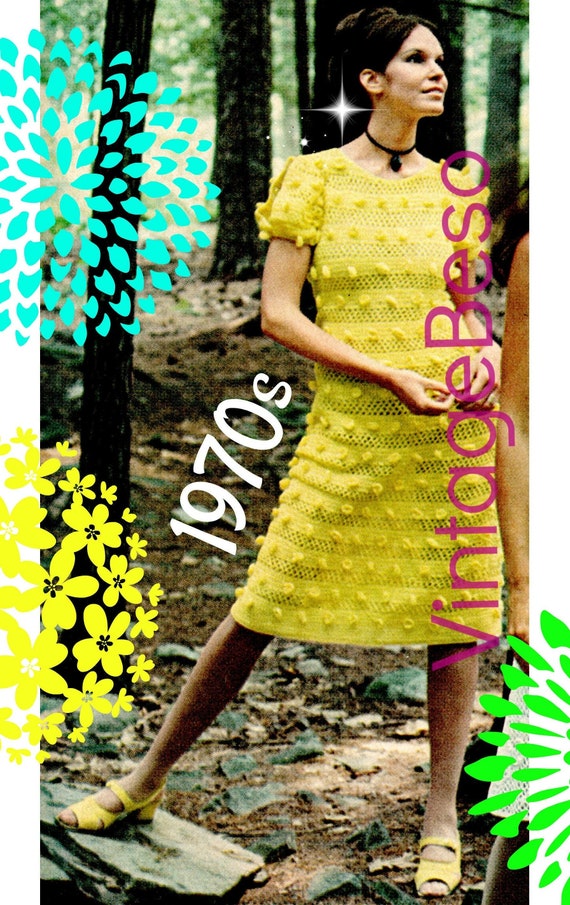 Ladies Dress CROCHET Pattern • Nubby Textured Dress Digital Pattern • Fun Slit Open Sleeve Dress • Vintage 1970s • Watermarked PDF Only
