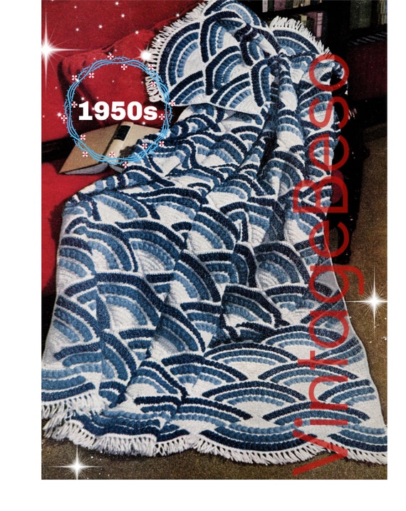 Afghan Crochet Pattern • Easy-To-Make • Vintage 1950s Crochet Pattern • Fans or Rainbows • 56" x 68" • Watermarked PDF Only