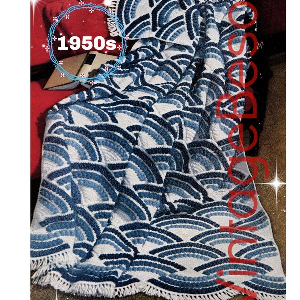 Afghan Crochet Pattern • Easy-To-Make • Vintage 1950s Crochet Pattern • Fans or Rainbows • 56" x 68" • Watermarked PDF Only