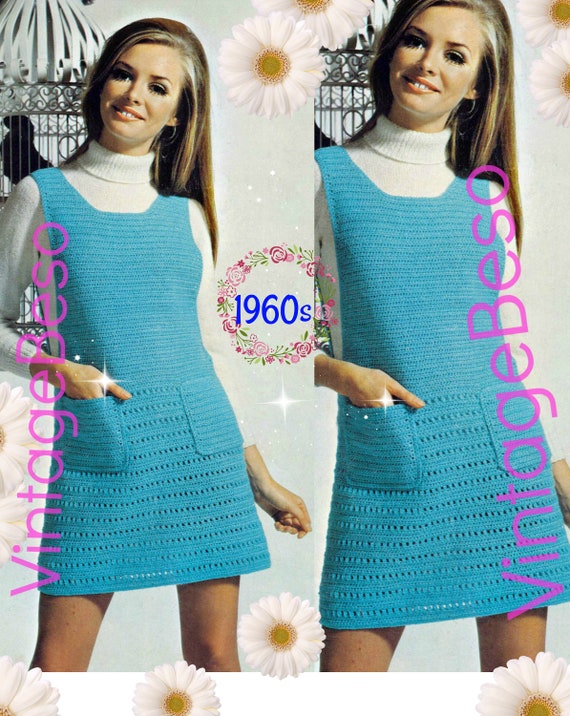 Dress Crochet Pattern • Pinafore Dress • Vintage 1960s • Summer Sleeveless Pocketed Jumper • UK Crochet Terms • Watermarked PDF Only
