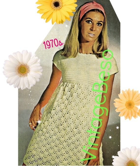 Dress Knit + Crochet Pattern • Vintage 70s • Summer Cap Sleeve Shell Dress Crochet and Knitting Pattern • Mod • Boho • Watermarked PDF Only