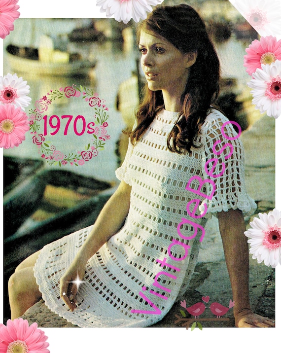Dress Crochet Pattern • Ladies Romantic Dress • Vintage 1970s • Summer Short Sleeve Pattern • Watermarked PDF Pattern • UK Crochet Terms