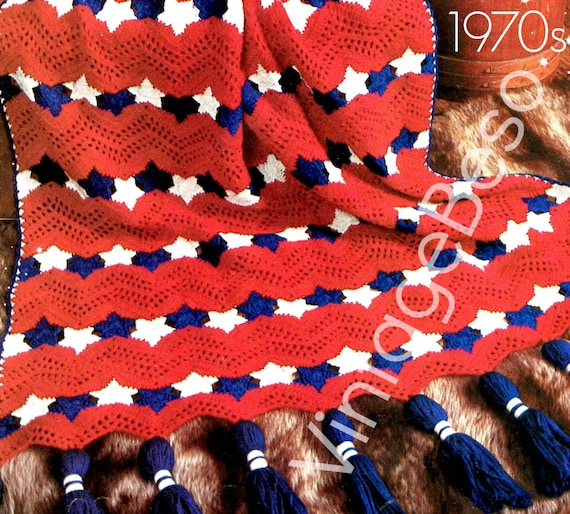 Americana AFGHAN Crochet PATTERN • Vintage 1970s Stars and Stripes • American Flag Patriotic Independence Day Afghan • Watermarked PDF Only