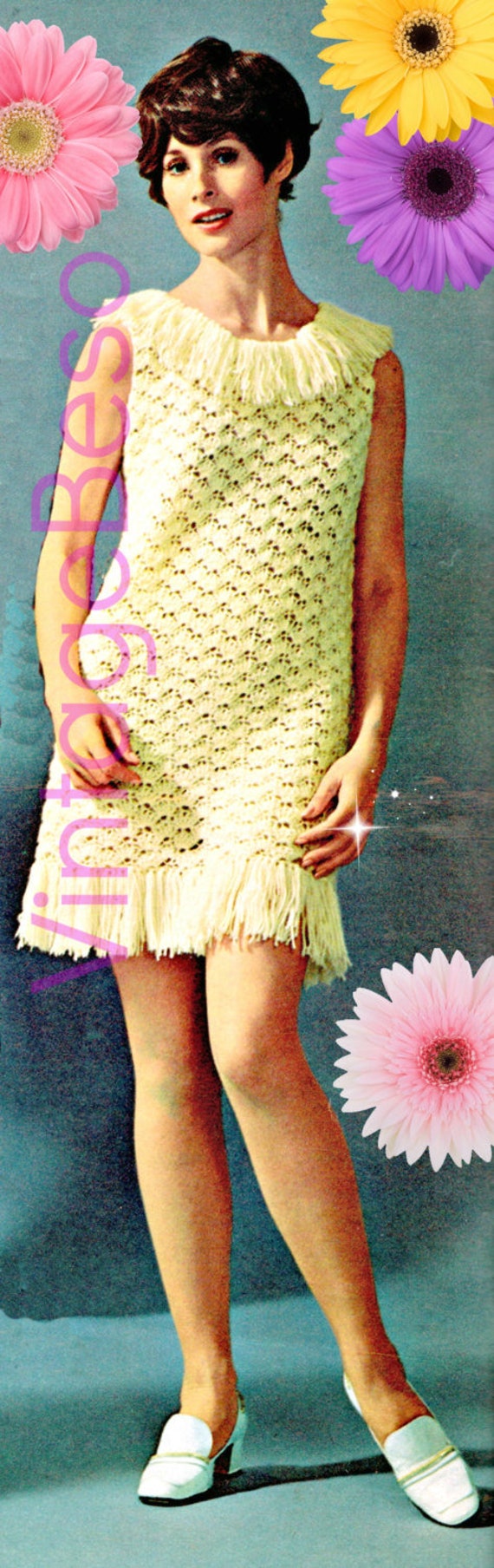 Dress Crochet PATTERN • Vintage • Fringe Mini Dress • 1970s Ladies Summer Boho Dress • Hippie Wear • VintageBeso • Watermarked PDF Only