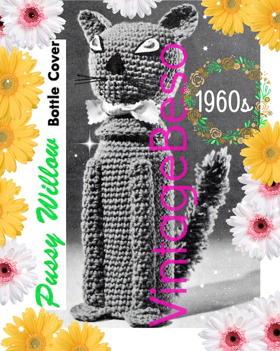 Cat Bottle Cover CROCHET Pattern • Vintage 1960s • RARE Cat Bottle Cover • Unique Cat Lover Gift • near Mad Men era • Watermarked PDF Only