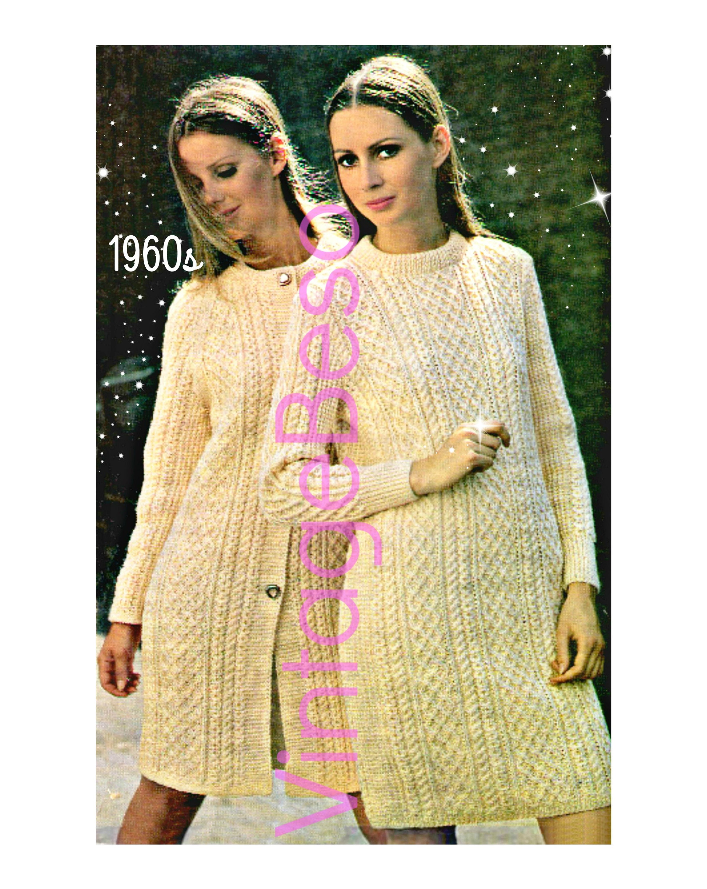Aran Sweater Dress Vintage Knitting Pattern 2 PATTERNS Retro 1960s Coat