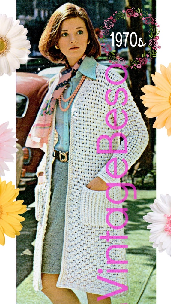 COAT Crochet Pattern • Ladies Long Woven Coat • 1970s Vintage Crochet Pattern • Watermarked PDF Only