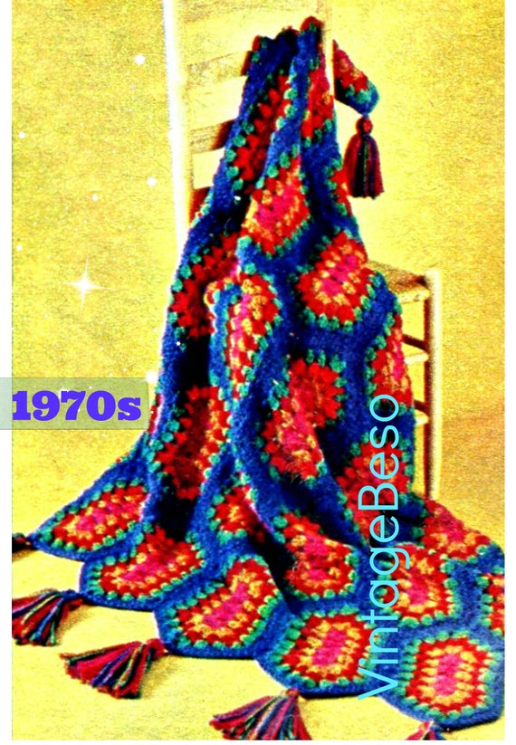 Afghan Crochet PATTERN • Vintage 1970s • Elongated Hexagonal Granny • Boho Home Decor • Country Boho Chic • Watermarked PDF Only