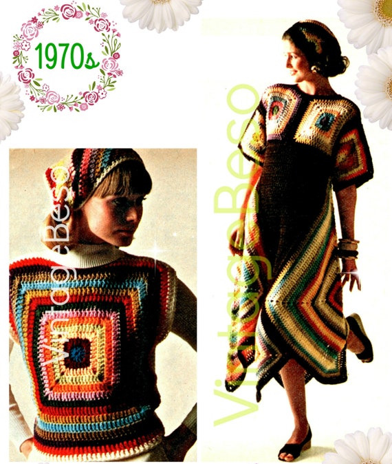 3 Boho Crochet Patterns • Retro 1970s • Chic Granny Square Dress Crochet Pattern • Hippie Scarf Top Headscarf • Watermarked PDF Only