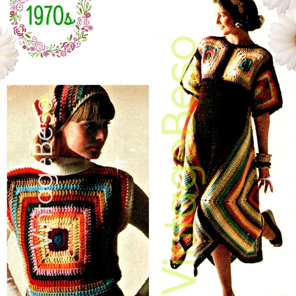 3 Boho Crochet Patterns • Retro 1970s • Chic Granny Square Dress Crochet Pattern • Hippie Scarf Top Headscarf • Watermarked PDF Only