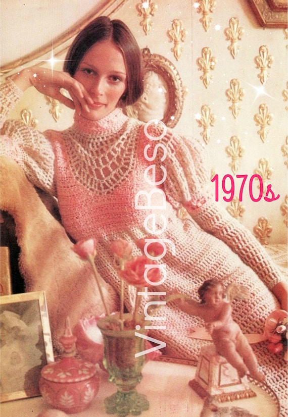 Romantic Juliet Gown Dress Crochet PATTERN 1970s Empire Puff Sleeve Dress Caftan Tunic Bohemian • Watermarked PDF Only