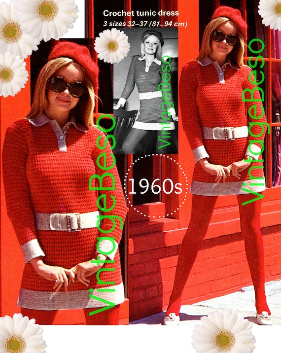 Dress Crochet Pattern • Mod • Tunic Dress Pattern • Vintage Pattern • 1960s Ladies Tunic with Belt CROCHET Pattern • Watermarked PDF Only