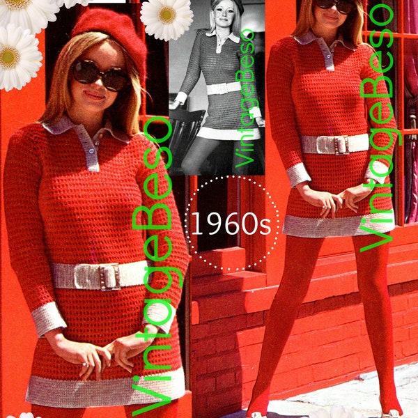 Dress Crochet Pattern • Mod • Tunic Dress Pattern • Vintage Pattern • 1960s Ladies Tunic with Belt CROCHET Pattern • Watermarked PDF Only