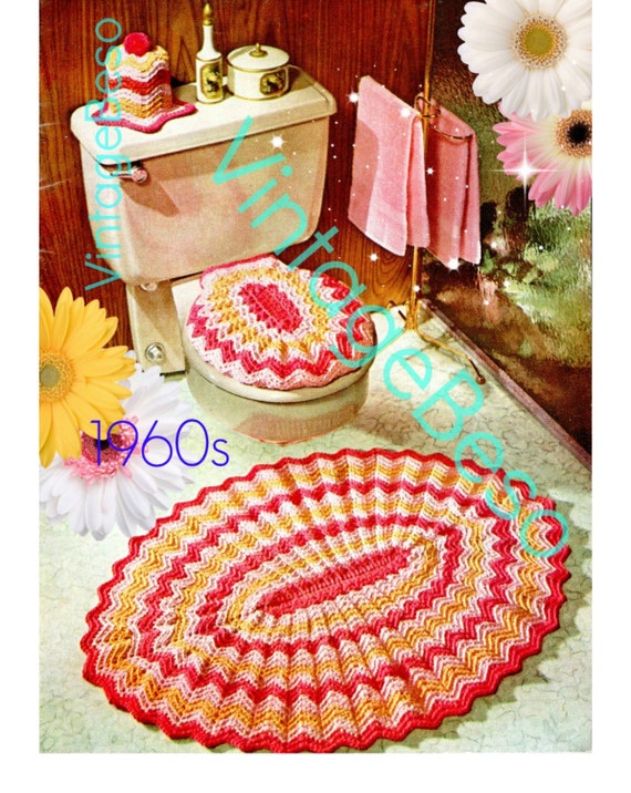 Rug Crochet Pattern • Retro 1960s Bathroom Set • Toilet Seat Cover Crochet Pattern • Tissue Topper • Ripple Bath Set • Watermarked PDF Only