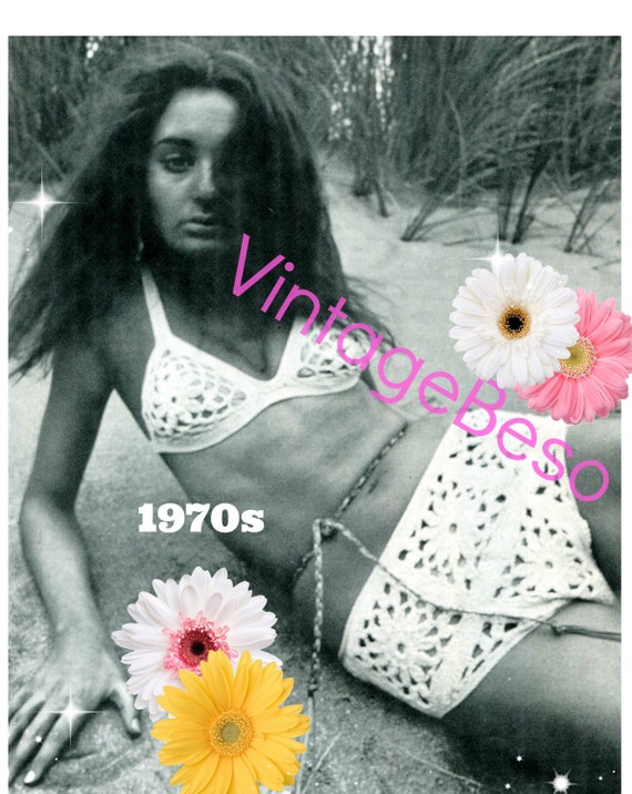 Flower Bikini CROCHET Pattern • Sexy 1970s Summer Necessity VintageBeso Ladies Hippie Boho Swimsuit Vintage Swimwear • Watermarked PDF Only