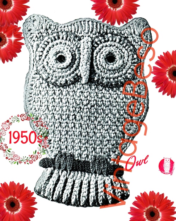 Owl Crochet Potholder • Night Owl • Vintage Crochet Pattern • Kitchen Decoration • Crochet Potholder • Owl on Perch • Watermarked PDF Only