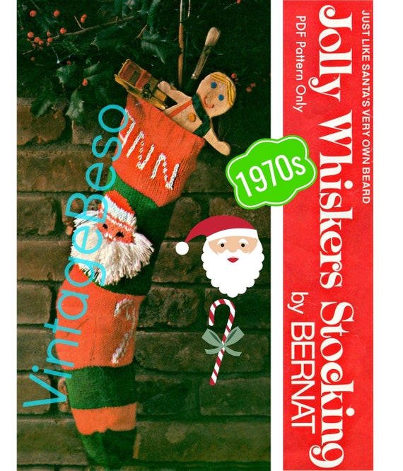 RARE Jolly Whiskers Santa • Stocking Knitting Pattern • Classic Christmas • STOCKING Pattern • Bernat • 1970s Retro • Watermarked PDF Only