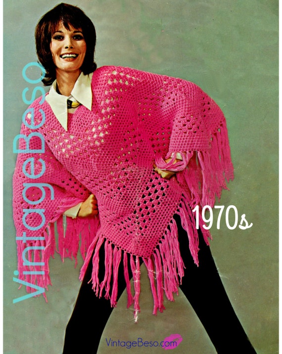 PONCHO Crochet PATTERN • Vintage 1970s • Popover • Lovely Long Fringe • Fun Peekaboo Stripes • Watermarked PDF Only