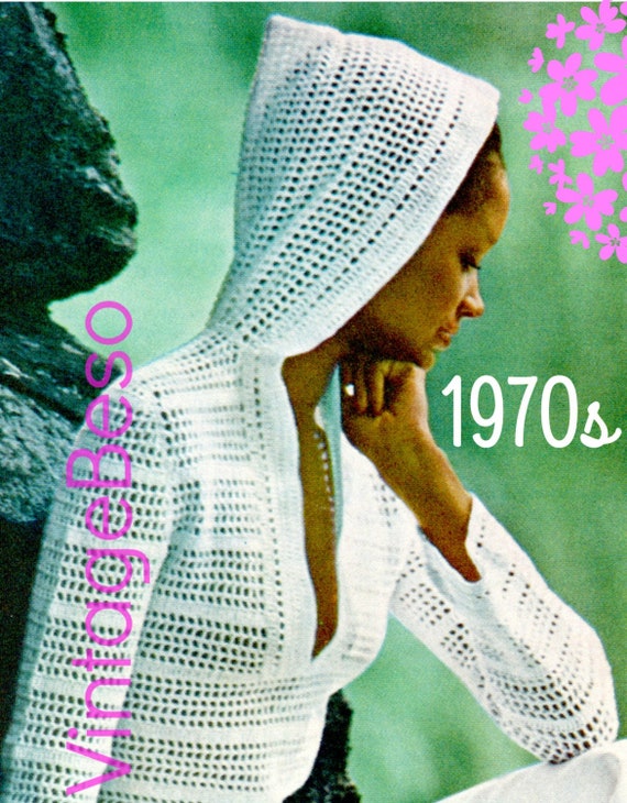 Long Sleeve Hooded Top • Hooded Coverup CROCHET PATTERN • Retro 1970s Sweater • Vintage Filet Beach Jacket Top • Watermarked PDF Only