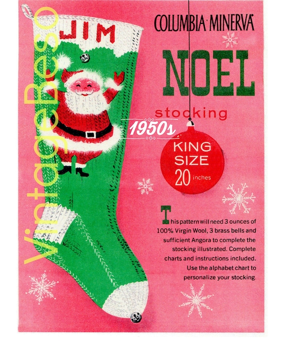 Christmas Stocking KNITTING Pattern • Vintage 1950s "Jim" Noel Stocking Pattern • Columbia Minerva • Watermarked PDF Only