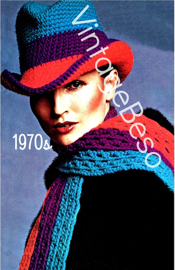 2 Patterns • Brimmed Hat Crochet Pattern and Scarf Crochet Pattern Set • Ladies 1970s Vintage Crochet Pattern • Watermarked PDF Only