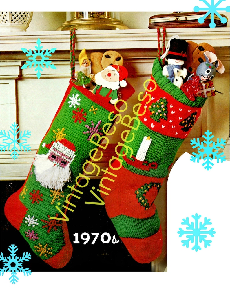 1 KNiT \u2022 Christmas STOCKING Patterns \u2022 Vintage 1970s \u2022 Xmas Instant Download \u2022 2 Patterns \u2022 Twas The Night Before Christmas 1 CROCHET