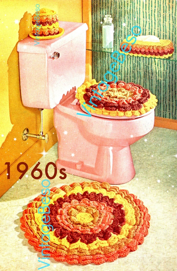 4 Crochet PATTERNs Gay Petal Bathroom Set Toilet Mat Tissue Topper Paper Roll Rug • Vintage Crochet Pattern • Watermarked PDF Only