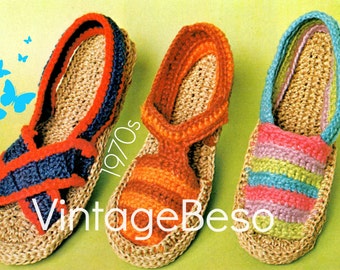 Vintage 1970s Espadrilles Crochet Pattern • Retro Sandals (Watermarked PDF Only)