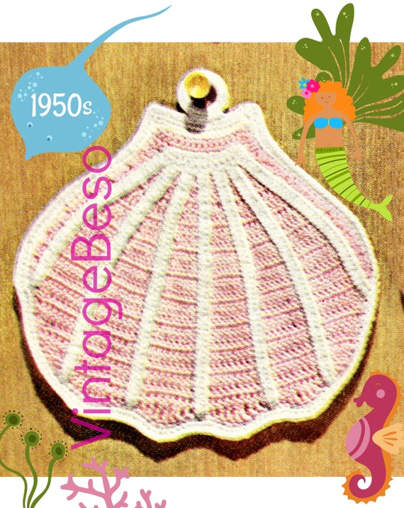 Seashell Potholder Crochet Pattern • Vintage Mad Men era 1950s • Mermaid supplies • Beach Dreaming supplies • Watermarked PDF Only