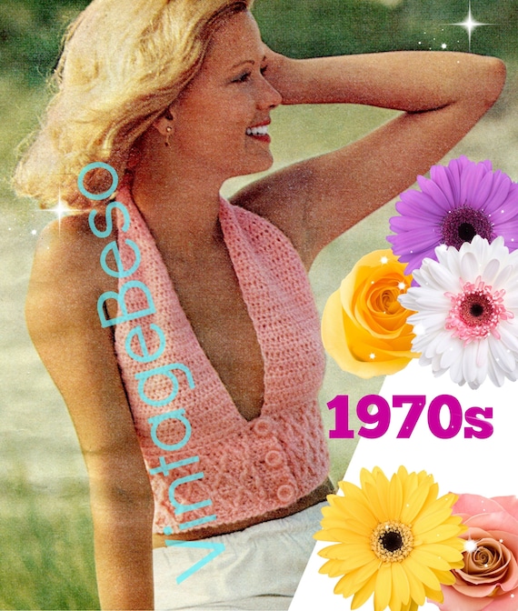 Sexy Backless Halter Top Crochet Pattern • 3 Button Smocked Halter • 1970s Vintage Pattern • Ladies Retro Sexy Top • Watermarked PDF Only