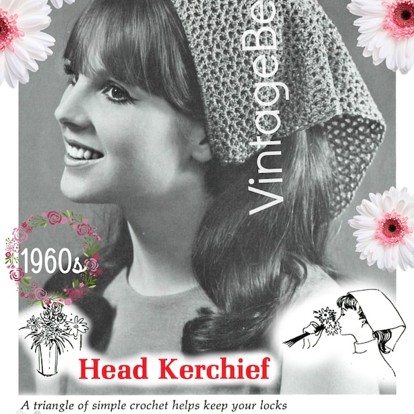 Head Scarf Crochet Pattern • 1960s Vintage Hippie Pattern • Head Kerchief • Scarf • PDF • Retro Fun Hair • Watermarked PDF Only