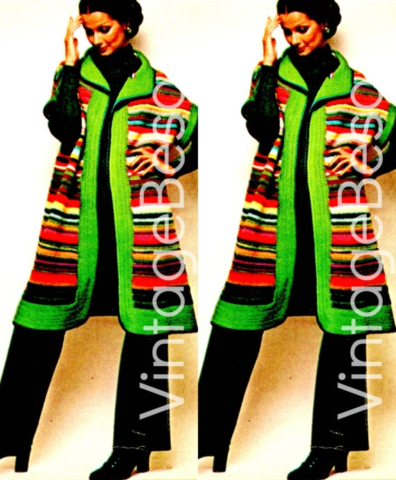 Coat CROCHeT Pattern • Watermarked PDF Only • Vintage 1970s Retro Striped Jacket Crochet Pattern Colorful & Fabulous Just Like You