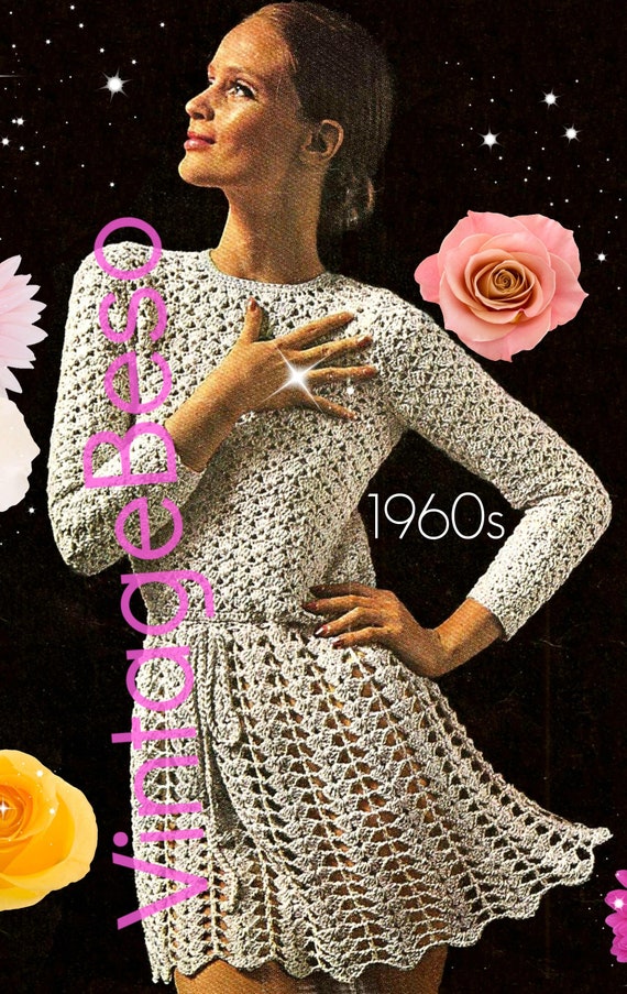 Long Sleeve Dress Crochet Pattern • Vintage 1960s Crochet Dress • VintageBeso • Sexy Mini Dress Crochet Dress Pattern • Watermarked PDF Only