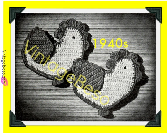 POTHOLDER CHICKEN Crochet Pattern • Retro Wartime 1940s Pattern Fun Country Home Decor Free Pattern Gift 1950s • Watermarked PDF Only