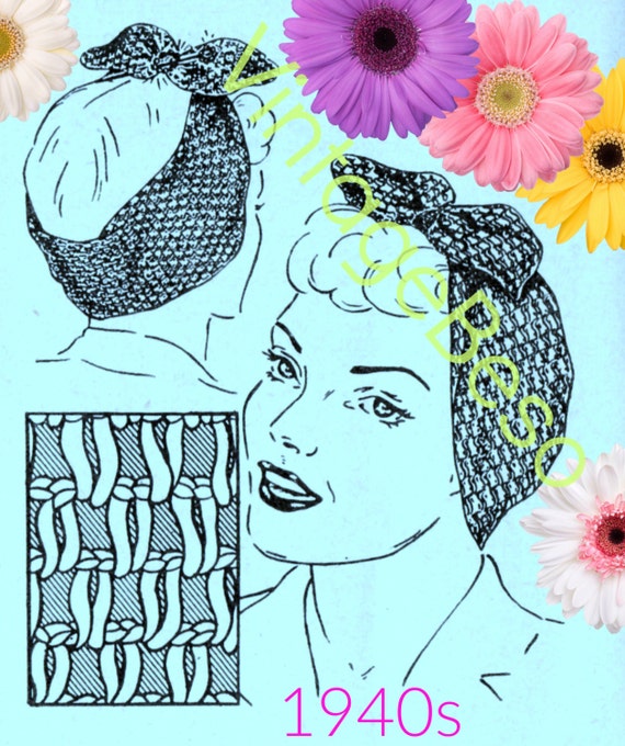 Turban Crochet Pattern Vintage • 1940s Turban Scarf • Retro Crochet Pattern • Rosie the Riveter WWII Era Pattern • Watermarked PDF Only