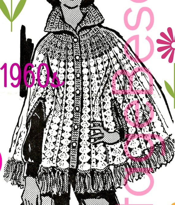 CAPE Crochet Pattern Vintage Retro CAPE Buttoned Collar with Arm Slits & Fringe Womens 1960s Mail Order • Watermarked PDF Only