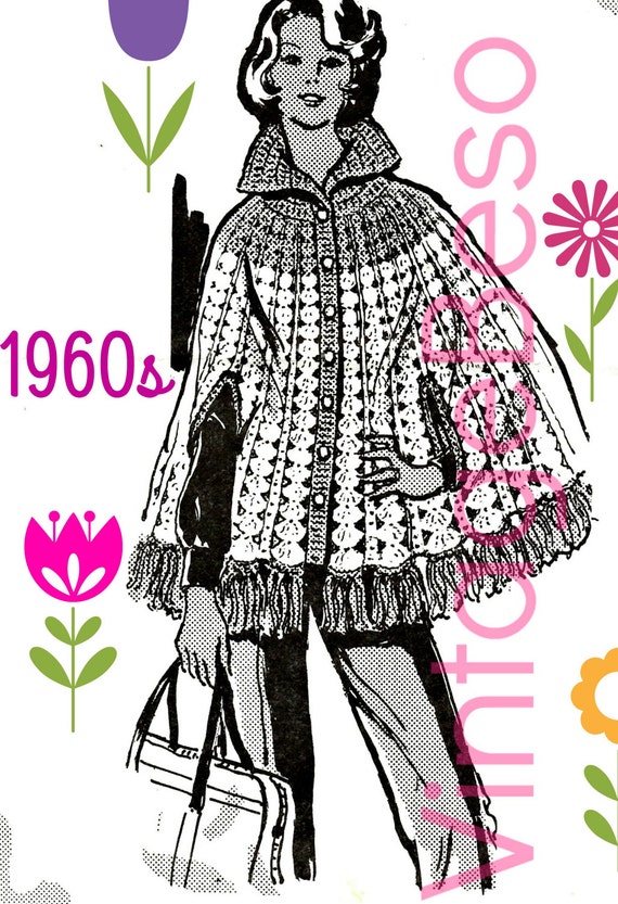 CAPE Crochet Pattern • 1960s Mail Order • Vintage Crochet Pattern Retro Buttoned Cape Collar Arm Slits Fringe Women • Watermarked PDF Only