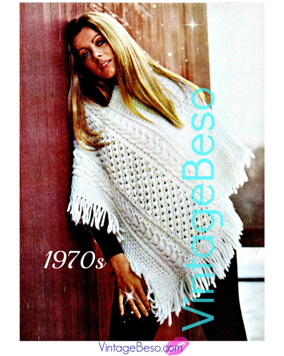 Aran Poncho Knitting Pattern • Vintage 1970s Irish Aran Knit V neck PONCHO Boho Cowgirl Hippie Country Chic • Watermarked PDF Only