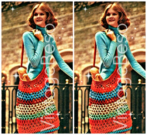 Stretchy Tote Bag Pattern 1970s Crochet Pattern • Watermarked PDF Only • EASY Mesh Handbag Crochet Shopping Net Recycling Grocery Bag