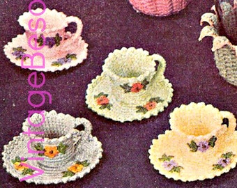 Crochet Pattern Vintage 1950s Tea Cups and Saucers • flowers crochet leaf crochet pattern • fun • crochet • Watermarked PDF Only