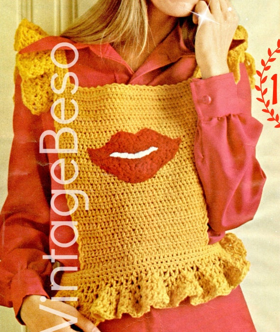 Top CROCHET Pattern Vintage 1970s Beso Lips Shrink CROCHET Pattern Pinafore Bohemian Clothing Valentine's Day Kiss • Watermarked PDF Pattern