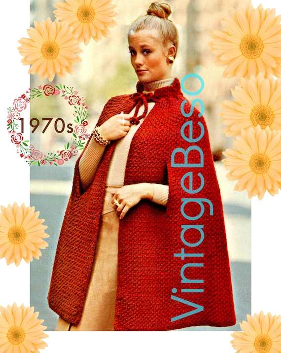 Cape Crochet Pattern • Vintage 1970s CROCHET PATTERN • Retro Feminine Cape • Arm Slits • Tie Neck • Watermarked PDF Only